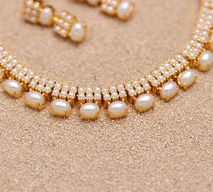 Freshwater Pearl Necklace Set Oval 22K Gold Plated Brass Adjustable Bridal Jewelry Elegant Women Necklace - Product Image 2