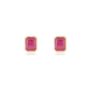 Nouveautés : Boucles d'oreilles minimalistes en or jaune véritable 14 carats avec rubis naturel serti clos, cadeau d'anniversaire pour elle, bijoux personnalisés - Product Image 1