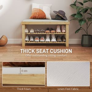 Cream White 3-Tier Bamboo Shoe <b>Storage</b> Bench with <b>Cushion</b> Entryway Hallway Shoe Organizer - Product Image 4