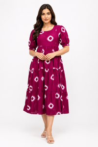 Magenta Solid Eco-Friendly Vintage Floor-Length Dress Short Sleeve Cotton Bohemian Neck Fit and Flare Plus Size Party Wear - Product Image 2