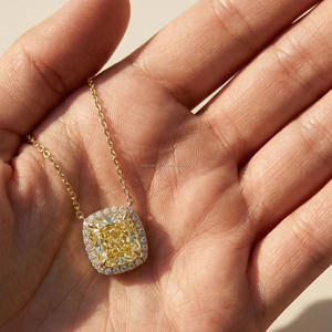 Pendentif de luxe en diamant jaune taille coussin cultivé en laboratoire pour femme, collier halo en or massif 10K 14K 18K, bijoux fins, cadeau de mariage - Product Image 2