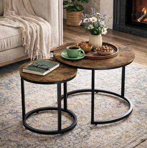 Modern Round Set of 2 Coffee <b>Tables</b> with Rustic Wood Top Decorative Design <b>Adjustable</b> Non-Slip Feet for Home & Garden Use - Product Image 2