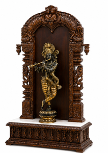 Traditional South Indian Style Open Temple Designs Wooden Pooja <b>Mandir</b> with Antique Brass Krishna Statue For Living Room UK Sale - Product Image 2