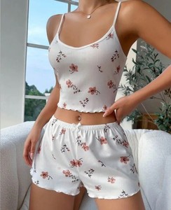 Ensemble de détente côtelé à imprimé floral pour femme, caraco et short, vêtements de nuit, tenue décontractée d'été, mélange polyester/coton, taille élastique, respirant - Product Image 1