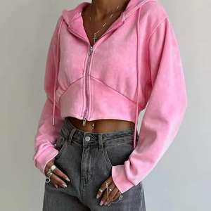 Hoodie court vintage oversize délavé à l'acide pour femme, avec fermeture éclair et col à capuche, idéal pour l'hiver – Vente en gros de sweats à capuche pour femmes - Product Image 4