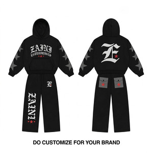 Ensemble de survêtement streetwear noir en molleton 100 % coton 350 GSM de qualité supérieure avec empiècements de manches à étoiles grises et impression de logo personnalisé pour l'hiver - Product Image 1