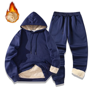 Ensemble de survêtement d'hiver pour homme, 2 pièces, imprimé, doublure polaire, sweat-shirt à capuche avec cordon de serrage, pantalon de jogging, couleur unie, manches longues - Product Image 2