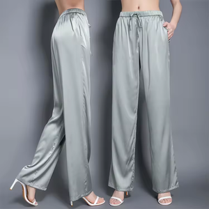 Pantalones anchos de satén para mujer, de cintura alta, holgados, de color sólido, largos, para oficina, pantalones de verano para dama. - Product Image 5