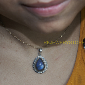 Pendentif en labradorite naturelle en forme de larme, argent sterling 925, fait main, vintage, bohème, bijoux en pierres précieuses, cadeau pour femmes, unisexe, hommes, sœur - Product Image 2