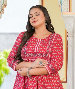 Women's Plus Size Rayon Anarkali Kurti <b>Red</b> Floral Printed Round Neck Comfortable Daily Wear <b>Flared</b> Fit Design Style - Product Image 1