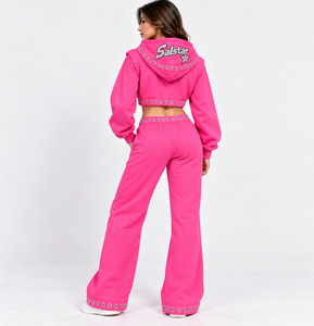 Women’s Custom <b>Rhinestone</b> Hooded <b>Crop</b> <b>Top</b> & Wide Leg Pants 2 Piece Pink Tracksuit Set Wholesale Fashion Sportswear - Product Image 3