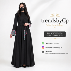 Luxury Designer <b>Black</b> Velvet Modest Abaya <b>Kaftan</b> Dress | Premium Micro-Velvet Long Maxis Solid Embroidered Cuffs | Trendsbycp - Product Image 6