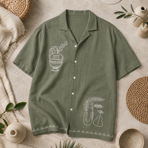 Premium Men's Olive Green Cotton Embroidered <b>Shirt</b> <b>Half</b> Sleeve Casual Camp Collar <b>Shirt</b> with White Botanical Art - Product Image 3