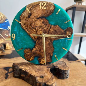 Handmade Olive Wood & Turquoise Epoxy Resin <b>Clock</b>: Unique Desk Decor - Product Image 1
