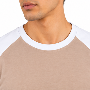 T-shirt décontracté pour homme, beige et blanc, à manches courtes raglan, col rond, bicolore, 100 % coton, personnalisable OEM, vente en gros, séchage rapide, respirant - Product Image 5