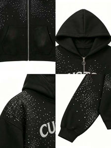 Nouveau sweat à capuche surdimensionné en tricot avec strass, logo personnalisé, design en cristal, délavé à l'acide, vêtements streetwear décontractés, écologiques - Product Image 4