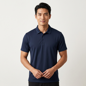 Men's <b>Navy</b> <b>Blue</b> Short Sleeve <b>Polo</b> <b>Shirt</b> Solid Color Casual Woven Fabric Regular Fit Button Down Collar - Product Image 2
