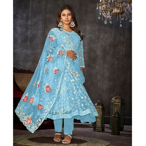 Nouvelle tenue Anarkali élégante pour femme, bleu ciel, manches 3/4, en crêpe et tulle, semi-couturée, à prix avantageux pour les fêtes et les mariages. - Product Image 1