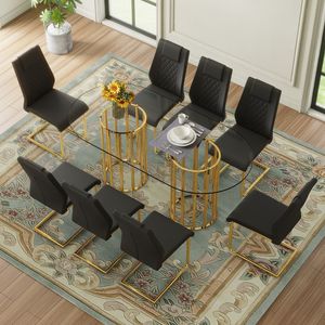 Set da Pranzo di Lusso con Tavolo Ovale in Vetro Temperato da 71 Pollici, Sedie in PU Nero di Alta Qualità con Doppia Colonna Dorata, Set 5 Pezzi Tavolo e Sedie Leggeri - Product Image 3