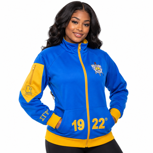 Chaqueta Azul Rey y Dorado para Mujer con Cremallera Completa, Diseño de Escudo Bordado 1922, Cuello Alto, Manga Larga, Ropa Deportiva Casual - Product Image 1