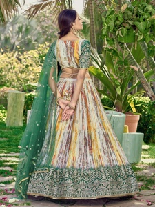 Awesome White <b>Green</b> Sequins Chinnon <b>Silk</b> Party Wear Traditional Lehenga Choli with Zari Embroidery and Sequin Detailing - Product Image 4