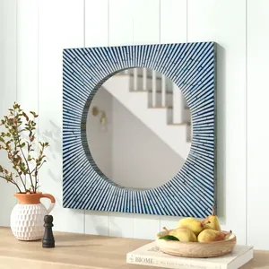 Miroir mural de salle de bain en mosaïque artisanale, best-seller, luxe, bleu, motif soleil, cadre carré, nacre ronde - Product Image 4