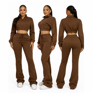 Conjunto de chándal de forro polar para mujer, sudadera corta con media cremallera y pantalones jogger, conjunto de 2 piezas, ropa deportiva informal, traje de descanso, atuendo de invierno - Product Image 2