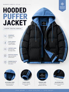 Men's Reversible Hooded Puffer Jacket Color Blocking Casual Winter <b>Coat</b> Thick Polyester Wadding <b>Zipper</b> Closure Loose Fit - Product Image 1