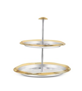 Plateau de service en métal à deux niveaux, rond, décoratif, plaqué or, design contemporain pour les occasions de mariage - Product Image 3