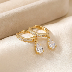 Boucles d'oreilles créoles dorées en argent 925 avec pendentif goutte en forme de poire pavé de diamants, bijoux fins chrétiens tendance, cadeau d'anniversaire de mariage pour elle - Product Image 6