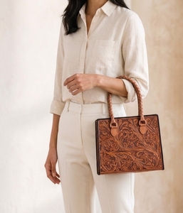 Hand Carved Genuine Leather Bohemian <b>Summer</b> Shoulder Bag Embroidery Braided Handles Floral Pattern Eco-Friendly Tote <b>Handbag</b> for - Product Image 4