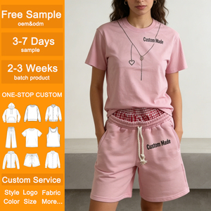 Ensembles de survêtements personnalisés pour femmes – Ensemble deux pièces coupe ample avec short à cordon de serrage et t-shirts à col rond - Product Image 2