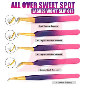 Juego de 5 Pinzas para Pestañas con Punta Dorada, Color Rosa y Morado Brillante, Pinzas de Acero Inoxidable para Extensión de Pestañas con Puntas de Fibra - Product Image 4