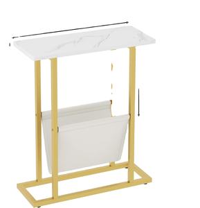 White and Gold Narrow Side <b>Table</b> <b>C</b> <b>Shaped</b> Modern End <b>Table</b> for Couch or Bed Small Faux Marble Bedside Accent <b>Table</b> - Product Image 2