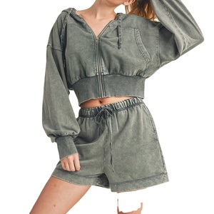 Ensemble sweat à capuche court et short pour femme, taille plus, vintage, en coton délavé à l'acide, avec fermeture éclair, logo personnalisé, respirant, hiver 2026 - Product Image 1