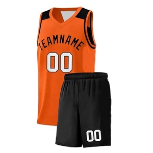 Conjunto de Uniforme de Baloncesto para Hombre, Color Naranja y Negro, Cuello en V, Sin Mangas, Pantalones Cortos con Cintura Elástica, Secado Rápido, Spandex/Algodón, Personalizable para Equipos - Product Image 1