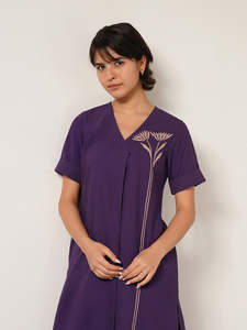 Purple Plain Midi <b>Dress</b> <b>With</b> Three Quarter <b>Sleeves</b> Turn-down Collar Loose Fit Casual <b>Summer</b> Woven Cotton Fabric Women <b>Dress</b> - Product Image 3
