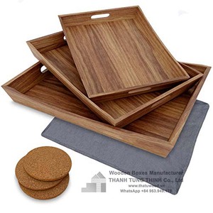 Plateau de service rectangulaire en bois avec poignées métalliques, finition rustique marron, pour café et petit-déjeuner, fabriqué au Vietnam - Product Image 5