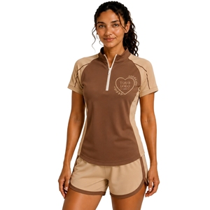 Ensemble de sport pour femme marron beige : T-shirt à demi-zip et short, séchage rapide, manches courtes, tenue de sport pour gym, fitness, course et entraînement - Product Image 1