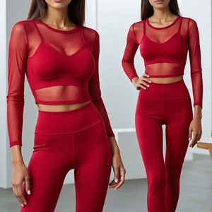 <b>Red</b> 2 Piece Yoga Set With <b>Crop</b> <b>Top</b> Full-Length Leggings High Waist Sheer Layer Cut-Out Design Seamless Breathable - Product Image 1