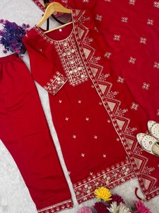 Red Salwar Kameez Set With Embroidered Details Traditional Indian Pakistani Wear For Women Ankle Length Regular Fit - Product Image 6
