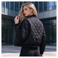 Blouson bomber matelassé noir à motif Argyle pour femme, veste courte légère d'hiver, manteau rembourré
