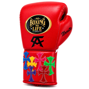 No Boxing No Life Gants de boxe en cuir rouge avec lacets au poignet et motif croisé coloré pour adultes - Product Image 2