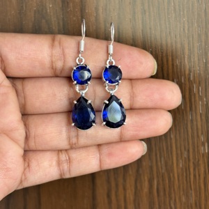 Classic Women's 925 Silver Plated <b>Sapphire</b> Drop <b>Earrings</b> Pear Cut Claw Setting Fashion Dangle Jewelry Party Accessory - Product Image 3