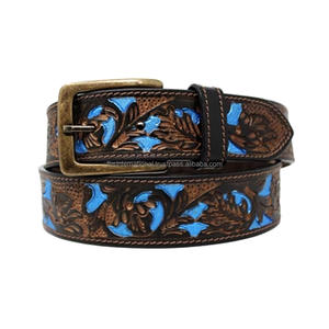 Vintage <b>Tooled</b> Cow Hide Belt with Blue Floral Design Copper Rectangular Pin Buckle Casual Style Durable <b>Leather</b> Belt - Product Image 2