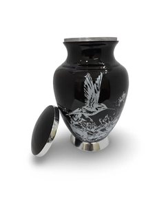 Black Metal Urn <b>Memorial</b> Cremation <b>Keepsake</b> Vase with Silver Lid Bird Floral Design Velvet Bag - Product Image 3