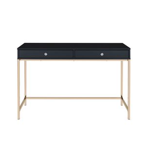Black High Gloss Rectangular Writing <b>Desk</b> with 2 Drawers and Gold Accents Stylish Computer <b>Desk</b> - Product Image 1