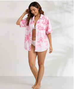 Chemises de plage tropicales personnalisées pour femmes, imprimées Hawaï, à manches courtes, boutonnées, amples, florales, pour les vacances d'été, décontractées, vente en gros - Product Image 4