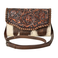 Tas Selempang Kulit Sapi Asli Buatan Tangan untuk Wanita, Desain Bunga Barat Magnetik, Model Lipat Tiga, untuk Acara Malam Hari