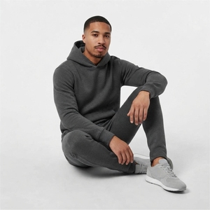 Ensemble de survêtement gris à capuche pour homme, couleur unie, décontracté, respirant, en coton, sweat-shirt et pantalon, coupe classique - Product Image 4